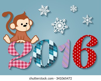 New Year Monkey Greeting Card Textile Applique 