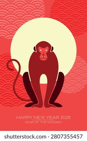 New Year of the Monkey poster in geometrical style with minimalist zodiac monkey mascot.