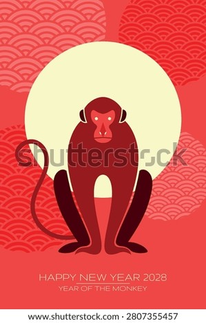 New Year of the Monkey poster in geometrical style with minimalist zodiac monkey mascot.