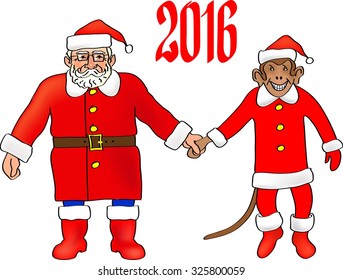 The  New Year of  Monkey. Santa Claus with the Monkey.Vector illustration isolated on with background. Modern Concept for New Year  cards, tickets, branding, logo, label, background.

