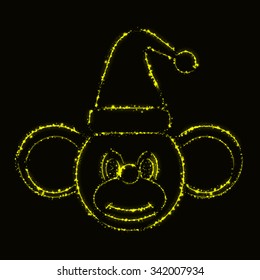 New Year Monkey silhouette in a Christmas hat of yellow lights