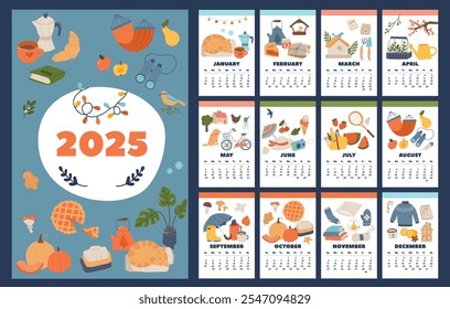 Plantilla de calendario mensual de Nuevo año con Elementos y atributos de temporada dibujados a mano. Invierno, primavera, verano, otoño planificador imprimible con elemento de diseño de temporada Ilustración vectorial