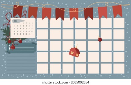 New Year monthly planner template. December. Organizer. Paper sheet. Isolated vector colorful element. 