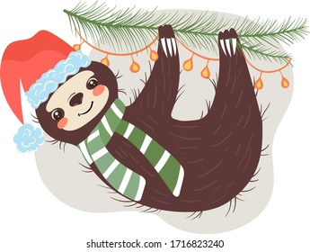 New year mood, sloth hanging on christmas tree branch concept and vector illustration on white background. Cheerful and joyful animal character sloth, sluggard in scarf and hat. Cosy cartoon style.