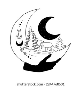 New Year Moon with landscape on white background. Сhristmas moon silhouette. 
