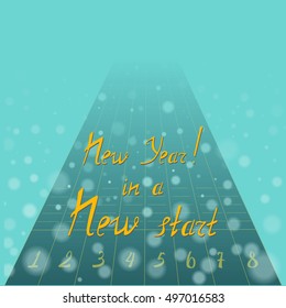 New Year Motivational Lettering with Conceptional Background as an Racetrack and Snowfall. Vector EPS 10