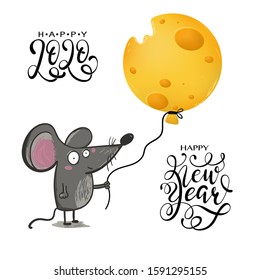 New Year mouse rat lettering 2020 text. happy cute funny character sparcle banner simple design background card rat chinese calender symbol oriental modern postcard