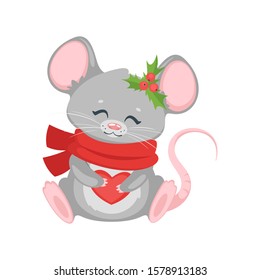 New year mouse with scarf. Chinese zodiac animal with holly berries. Cute christmas symbol cartoon character isolated on white background. Festive smiling mousy with knitted accessory holding heart