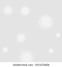 New Year Mystery Grey Christmas Frost Sky Background. Snowflakes Monochrome Luxury Chaotic Wallpaper. Winter Ice Cold White Stars Pattern. Print Sharp Innocent Silver Mandala Illustration.