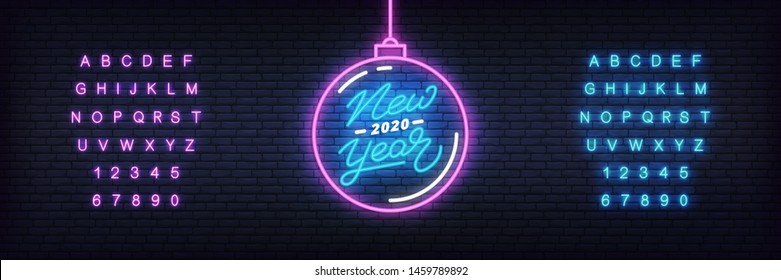 New Year neon. Glowing neon Christmas ball and lettering for New Year 2020 celebration.
