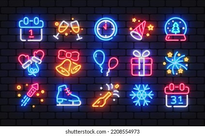 New year neon icons, great design for any purposes. Icon on colorful backdrop. Happy new year. Party decoration. Vector holiday illustration
