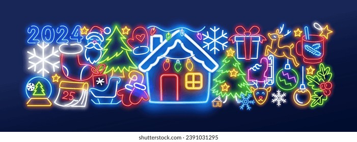 New year neon icons, great design for any purposes. Icon on colorful backdrop. Happy new year. Party decoration. Vector holiday illustration