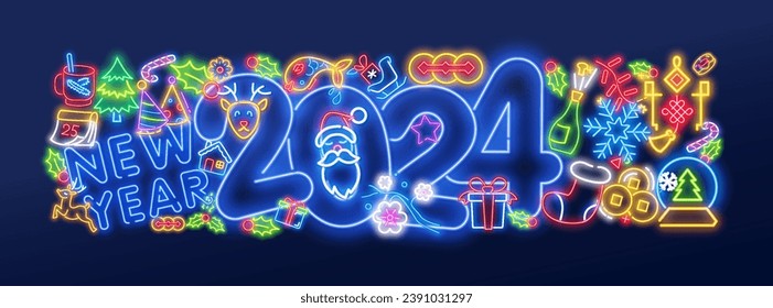 New year neon icons, great design for any purposes. Icon on colorful backdrop. Happy new year. Party decoration. Vector holiday illustration