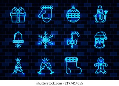New Year neon icons, snowflake, Santa Claus, gifts. The concept of celebrating the new year. Vector illustration