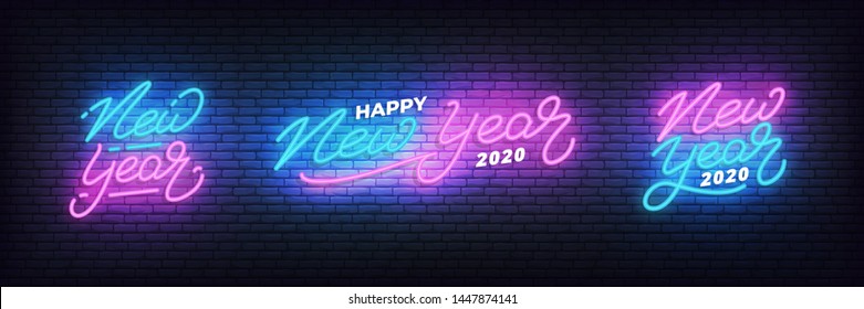 New Year neon set. Glowing neon lettering template for New Year 2020 celebration.