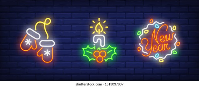 New Year neon sign collection. Candle, mittens, New Year. Night bright advertisement. Vector illustration in neon style for banner, billboard