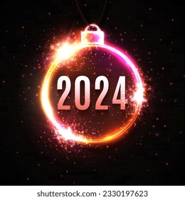 Signo de neón de Año Nuevo con fondo rojo oscuro. 2024 texto brillante en el marco de la lámpara de led eléctrica de bola de Navidad con destellos de luz. Fiesta de celebración, diseño de tarjetas de felicitación de vacaciones. Ilustración vectorial brillante.