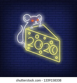 New Year neon sign. Piece of cheese with two thousand twenty numbers and rat on brick background. Vector illustration in neon style for Christmas banners, New Year posters, party invitation