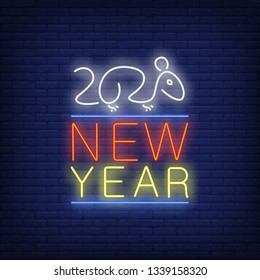New Year neon sign with rat on brick wall background. Vector illustration in neon style for Christmas banners, New Year posters, party invitation