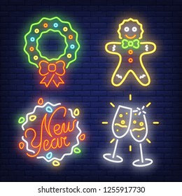 New Year neon sign set. Wreath, gingerbread, fairy lights, couple of flutes on brick wall background. Vector illustration in neon style for topics like party, holiday, celebration