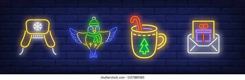 New Year in neon style collection. Hat, letter, winter drink. Night bright advertisement. Vector illustration in neon style for banner, billboard