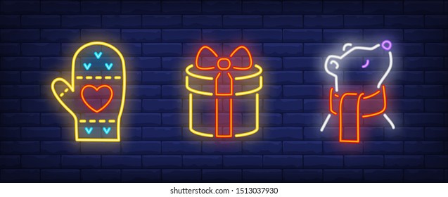 New Year in neon style set. Mitten, gift box, bear in scarf. Night bright advertisement. Vector illustration in neon style for banner, billboard