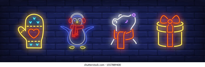 New Year in neon style set. Mitten, gift box, bear in scarf. Night bright advertisement. Vector illustration in neon style for banner, billboard