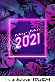 New Year neon tropic design, Disco tropical party vector poster, Christmas summer holiday flyer. Monstera palm leaves background, winter beach holidays, vibrant template brochure, paradise cover