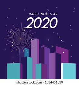 New year night party 2020 at the town with fireworks and snow