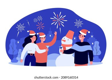 New Year night party with friends holding glasses with champagne. People celebrating flat vector illustration. Holiday, festive celebration concept for banner, website design or landing web page