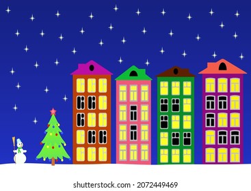 New year night in the town. Vector illustration.