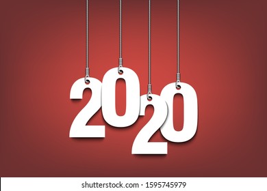 New Year number 2020 as a Christmas decorations hanging on strings. 2020 hang on cords on an isolated background. Design pattern for greeting card. Vector illustration