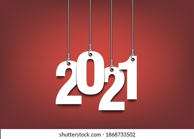 New Year number 2021 as a Christmas decorations hanging on strings. 2021 hang on cords on an isolated background. Design pattern for greeting card. Vector illustration