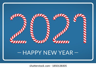 New year, number 2021 made of candy canes on blue background, vector eps10 illustration