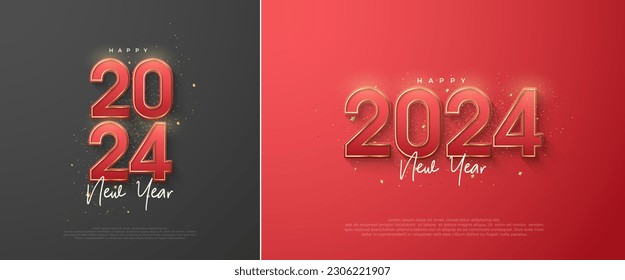 New year number 2024 with red numbers on red background. Premium design with shiny gold glitter. Premium vector design for banner, poster, social post and happy new year greeting.