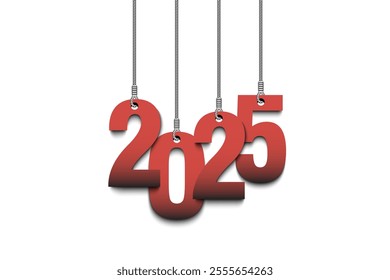 New Year number 2025 as a Christmas decorations hanging on strings. 2025 hang on cords on an isolated background. Design pattern for greeting card. Vector illustration