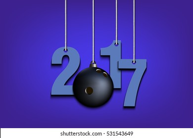 New Year numbers 2017 and bowling ball as a Christmas decorations hanging on strings. Vector illustration