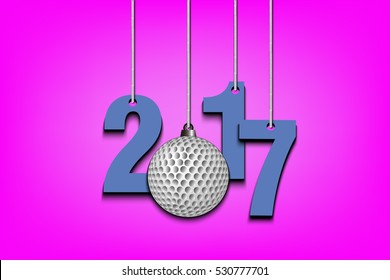 New Year numbers 2017 and golf ball as a Christmas decorations hanging on strings. Vector illustration