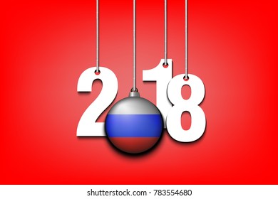 New Year numbers 2018 and ball with the Russian flag as a Christmas decorations hanging on strings. Vector illustration