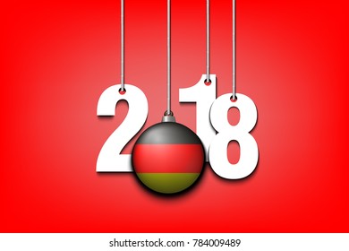 New Year numbers 2018 and ball with the German flag as a Christmas decorations hanging on strings. Vector illustration