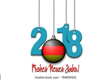 New Year numbers 2018 and ball with the German flag as a Christmas decorations hanging on strings. German translation of the inscription Happy New Year. Vector illustration