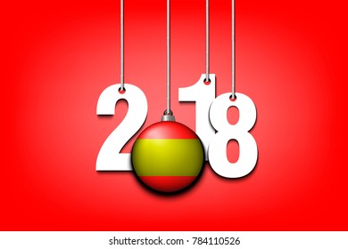 New Year numbers 2018 and ball with the Spanish flag as a Christmas decorations hanging on strings. Vector illustration