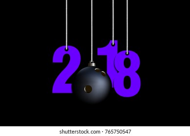 New Year numbers 2018 and bowling ball as a Christmas decorations hanging on strings. Vector illustration