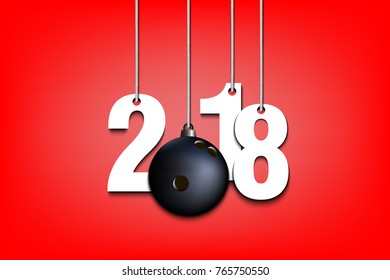 New Year numbers 2018 and bowling ball as a Christmas decorations hanging on strings. Vector illustration