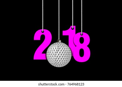 New Year numbers 2018 and golf ball as a Christmas decorations hanging on strings. Vector illustration