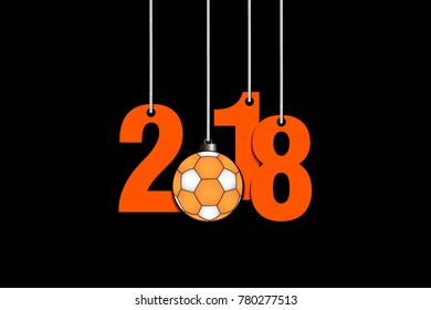 New Year numbers 2018 and handball ball as a Christmas decorations hanging on strings. Vector illustration