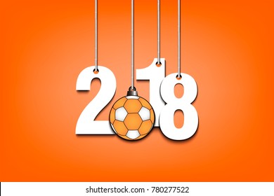New Year numbers 2018 and handball ball as a Christmas decorations hanging on strings. Vector illustration