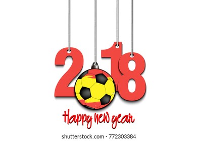 New Year numbers 2018 and soccer ball as a Christmas decorations painted in the colors of the Spain flag hanging on strings. Vector illustration