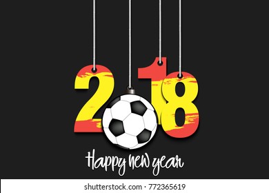 New Year numbers 2018 and soccer ball as a Christmas decorations painted in the colors of the Spain flag hanging on strings. Vector illustration