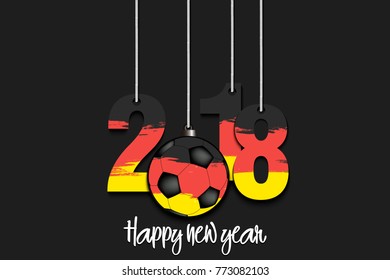 New Year numbers 2018 and soccer ball as a Christmas decorations painted in the colors of the Germany flag hanging on strings. Vector illustration